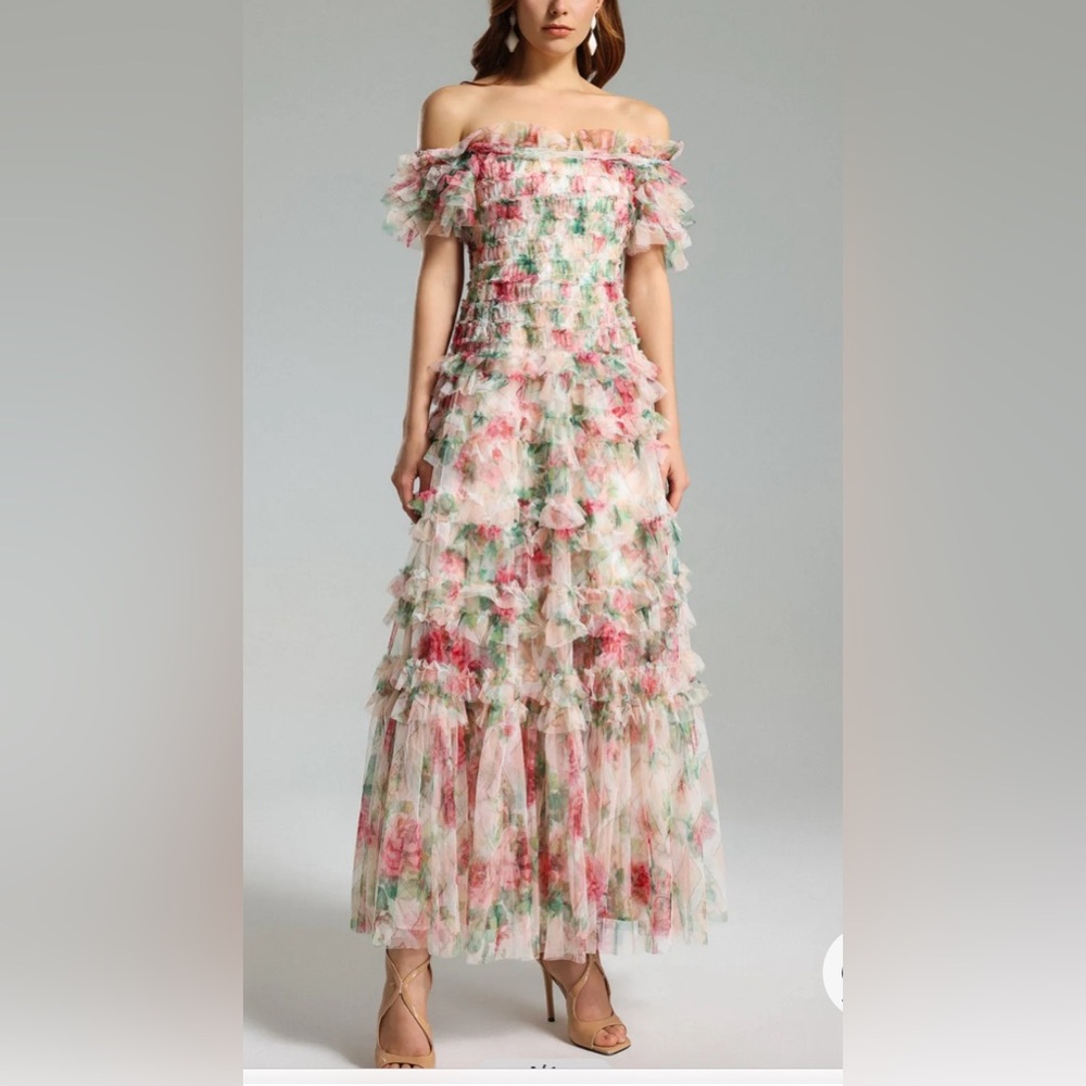 Pink and Green Ruffled Tiered Off-Shoulder Prom Gown